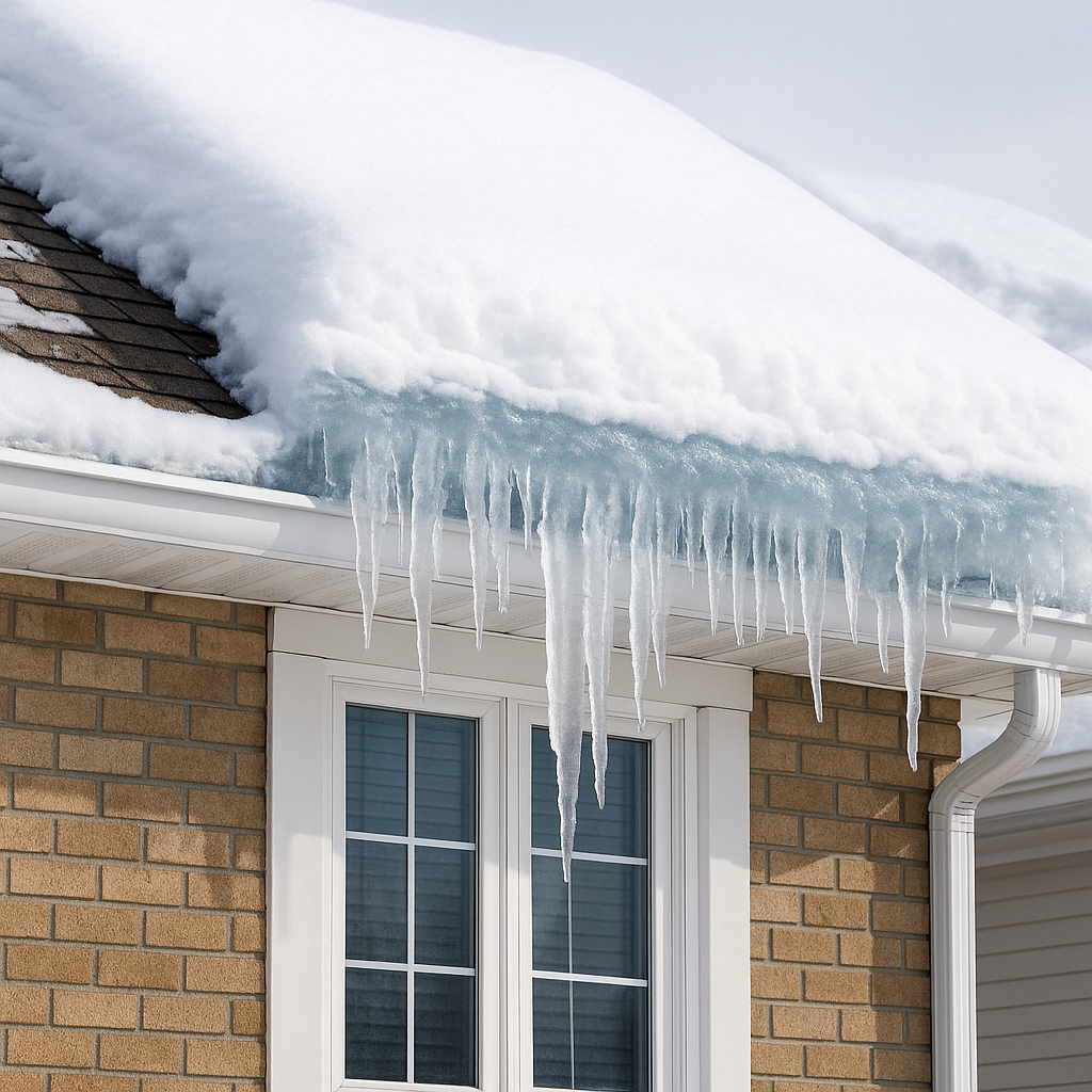 Snow covered roof with clear ice dam at the eave