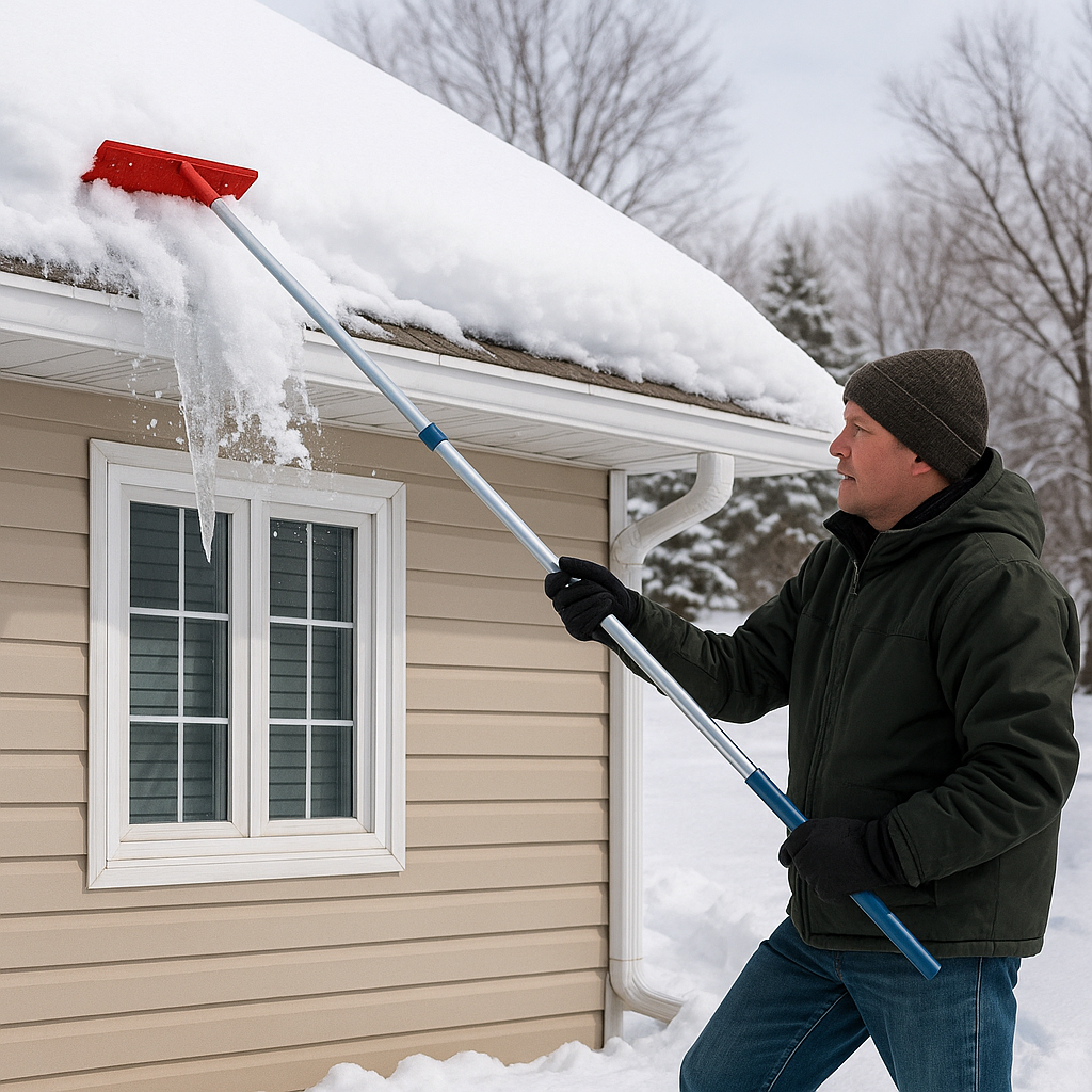 Homeowner using roof rake to pull snow off an eave